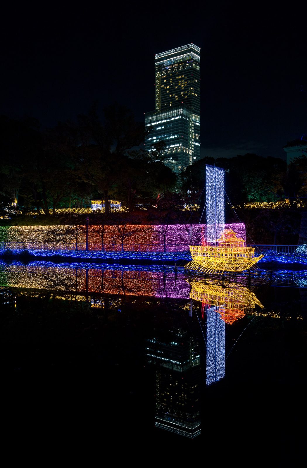 Abeno Harukas and Tennoji Park lit at night
