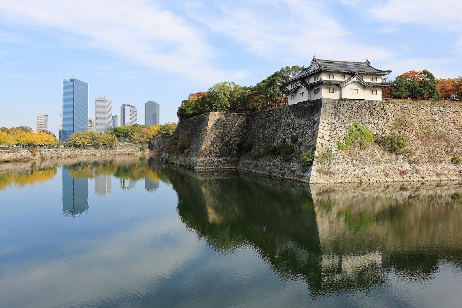 The outer moat and stone walls of Osaka Castle